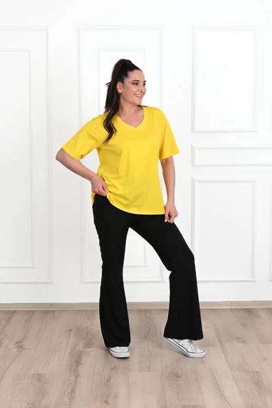 Kadın V Yaka Basic Büyük Beden T-Shirt 1297-22 - 9