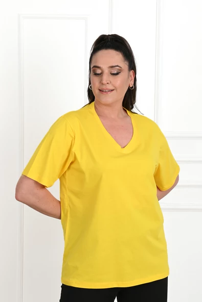 Kadın V Yaka Basic Büyük Beden T-Shirt 1297-22 - 12