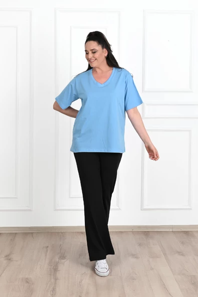Kadın V Yaka Basic Büyük Beden T-Shirt 1297-22 - 7