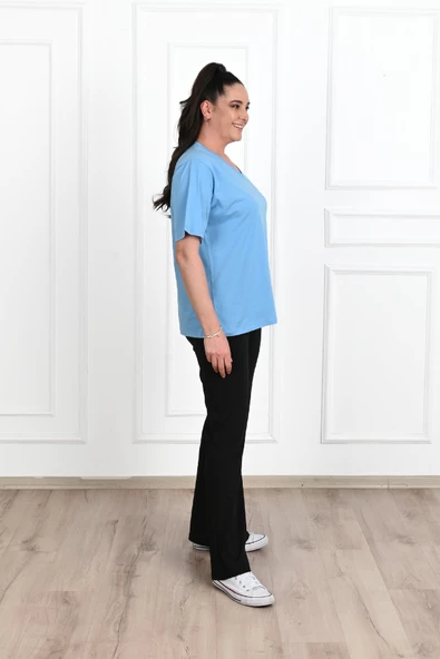 Kadın V Yaka Basic Büyük Beden T-Shirt 1297-22 - 3