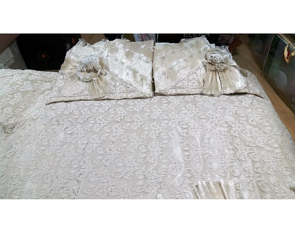 Altın Kelebek Lüx Çeyizlik Abiye Çift Kişilik Yatak Örtüsü-Hazal Kapuçino - 4