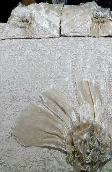 Altın Kelebek Lüx Çeyizlik Abiye Çift Kişilik Yatak Örtüsü-Hazal Kapuçino - 3