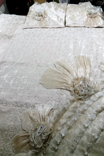 Altın Kelebek Lüx Çeyizlik Abiye Çift Kişilik Yatak Örtüsü-Hazal Kapuçino - 2