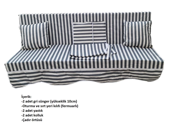 Mandaş Süngerli 3 Kişilik Salıncak Minder Seti (Pamuklu Kumaş)-Gri Çizgili - 2