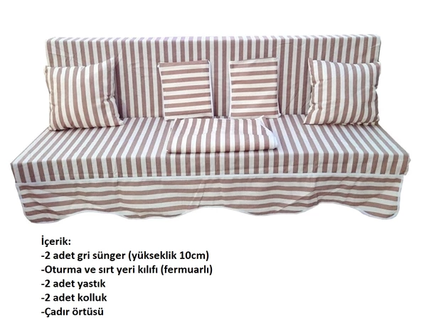 Mandaş Süngerli 2 Kişilik Salıncak Minder Seti (Pamuklu Kumaş)-Bej Çizgili - 3