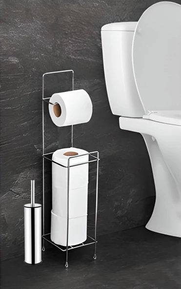 SAS Ayaklı Wc Kağıtlı Yedek Kağıt Hazneli Tuvalet Kağıtlığı Wc Tuvalet Fırçası KROM ürün görseli 1