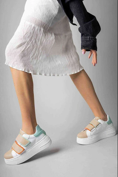 Kadın Beyaz Yeşil Yüksek Topuklu Spor Ayakkabı , Snekaer - Resim 4