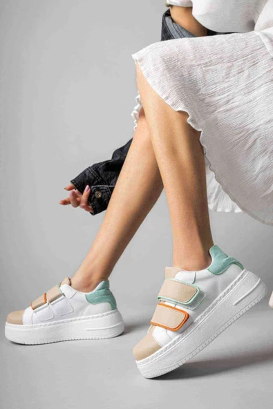 Kadın Beyaz Yeşil Yüksek Topuklu Spor Ayakkabı , Snekaer - Resim 3