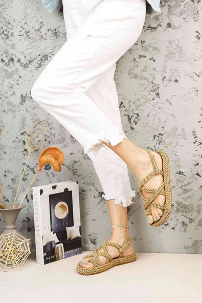 Hasır Halat Kadın Sandalet Altın - 4