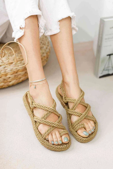 Hasır Halat Kadın Sandalet Altın - 2