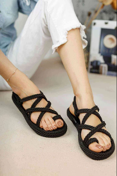 Hasır Halat Kadın Sandalet Siyah - Resim 4