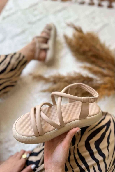 Kadın Yumuşak Pedli Bileği Lastikli Sandalet Nude - Resim 2