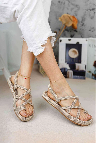Hasır Halat Kadın Sandalet Krem - Resim 4