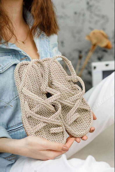 Hasır Halat Kadın Sandalet Krem - Resim 5