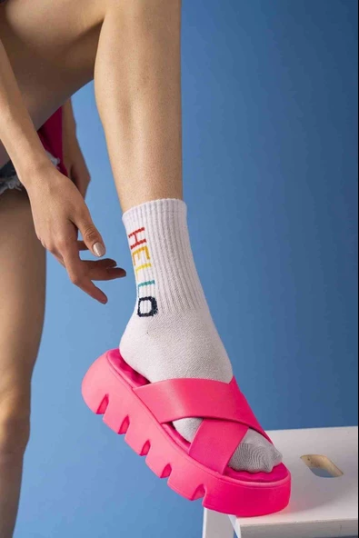 Çapraz Bant Neon Pembe Ortopedik Taban Kadın Terlik - Resim 6