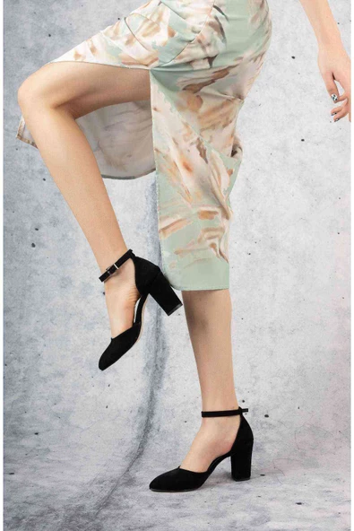 Kadın Bilekten Bağcıklı Topuklu Ayakkabı - Siyah Süet - 3