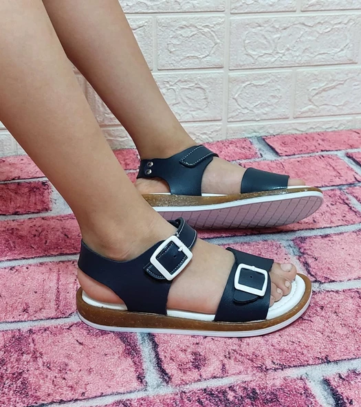 Fiyra Lacivert Ayarlanabilir Tokalı El Yapımı Ortapedik Kız Çocuk Sandalet - Resim 3