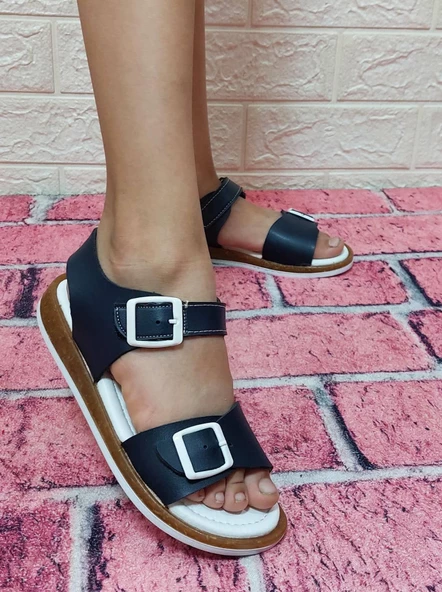 Fiyra Lacivert Ayarlanabilir Tokalı El Yapımı Ortapedik Kız Çocuk Sandalet - Resim 6