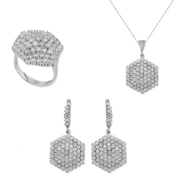 Gümüş Zirkon Taşlı Altıgen Bayan Set - 2