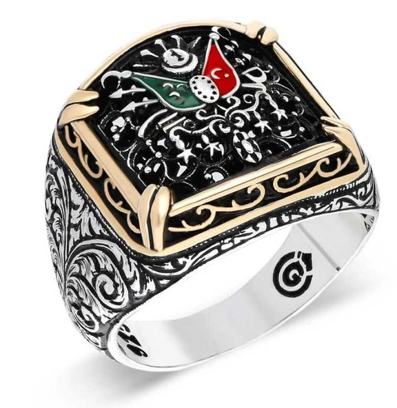 Gümüş Osmanlı Devlet Armalı Erkek Yüzük - Resim 2