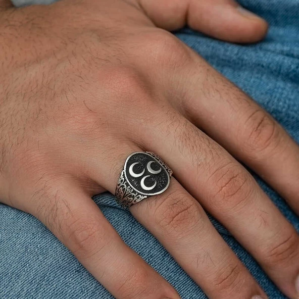 Gümüş Üç Hilal Erkek Yüzük - 1