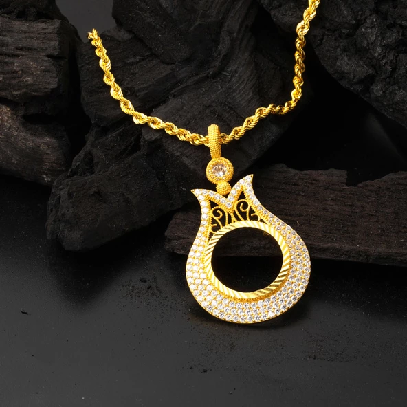 Laleli Tam Altın Çerçeveli Altın Kolye - Resim 4