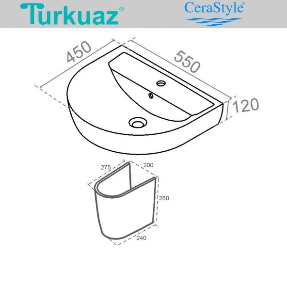 Turkuaz Bella Banyo Lavabo 45x55 cm (Bella Yarım Ayaklı) - 5