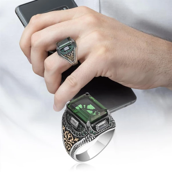 Kare Yeşil Taşlı 925 Gümüş Erkek Yüzük ürün görseli 1