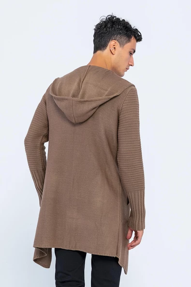 Erkek Kapüşonlu Düğmeli Asimetrik Triko Uzun Rahat Spor Hırka - 3