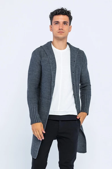 Erkek Kapüşonlu Düğmeli Asimetrik Triko Uzun Rahat Spor Hırka - 4