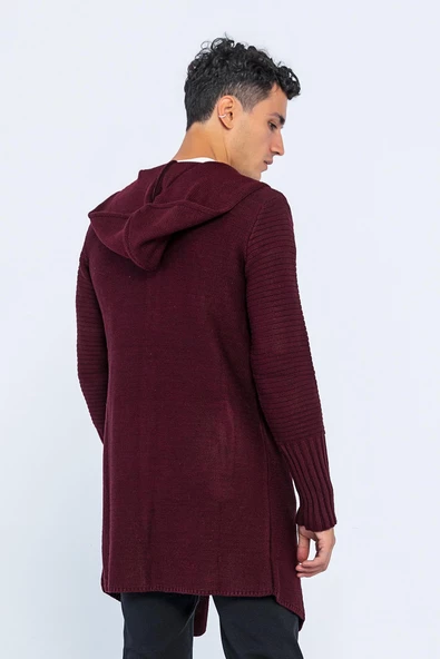 Erkek Kapüşonlu Düğmeli Asimetrik Triko Uzun Rahat Spor Hırka - 7