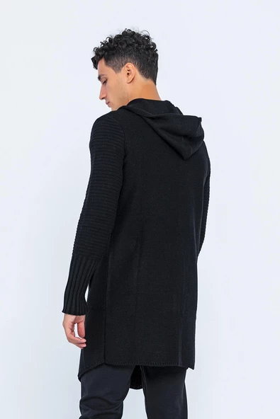 Erkek Kapüşonlu Düğmeli Asimetrik Triko Uzun Rahat Spor Hırka - 11