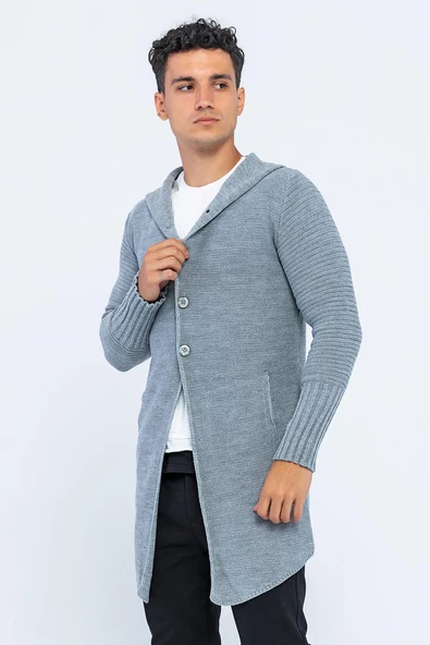 Erkek Kapüşonlu Düğmeli Asimetrik Triko Uzun Rahat Spor Hırka - 8