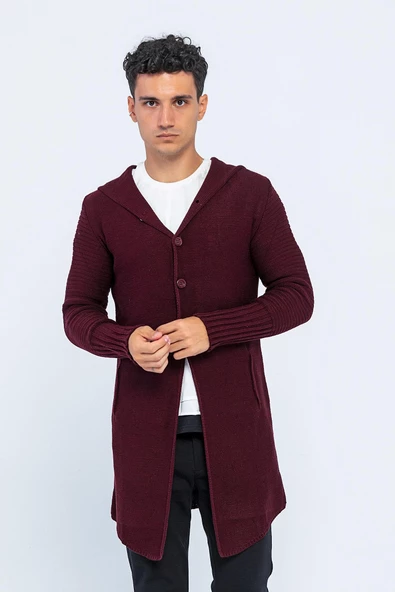 Erkek Kapüşonlu Düğmeli Asimetrik Triko Uzun Rahat Spor Hırka