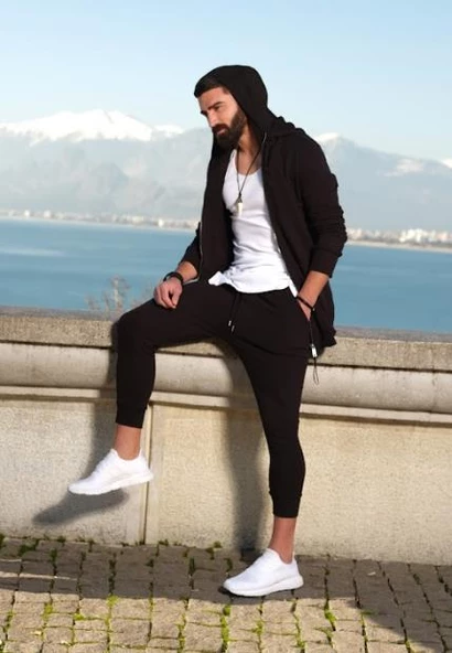 Capotrio Erkek Kapüşon Şalvar Eşofman Takım Siyah - 4