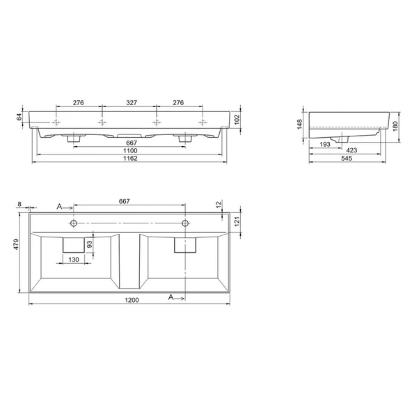 Turkuaz Cerastyle Sharp Etajer Uyumlu Çift Lavabo 120x48 cm (Çift Batarya Delikli) - 2