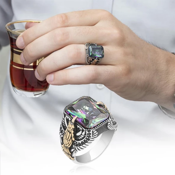 Kartal Motifli Mistik Topaz Taşlı 925 Gümüş Erkek Yüzük ürün görseli 1