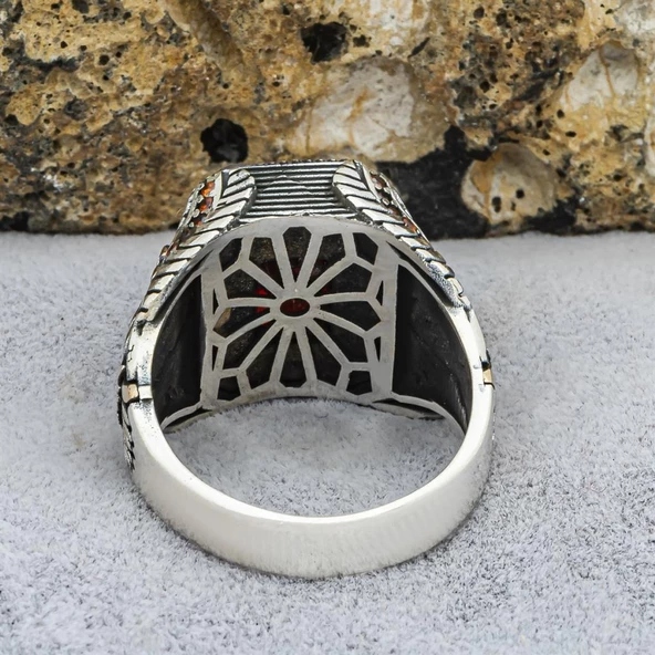 Kartal Motifli Kare Kırmızı Taşlı 925 Gümüş Erkek Yüzük - Resim 3
