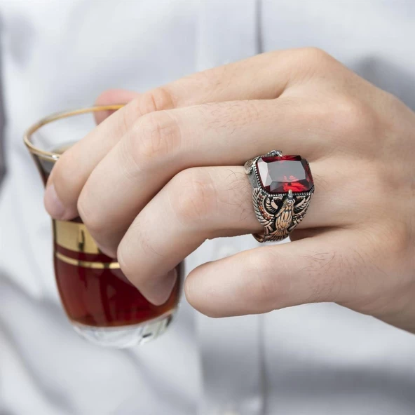 Kartal Motifli Kare Kırmızı Taşlı 925 Gümüş Erkek Yüzük - Resim 9