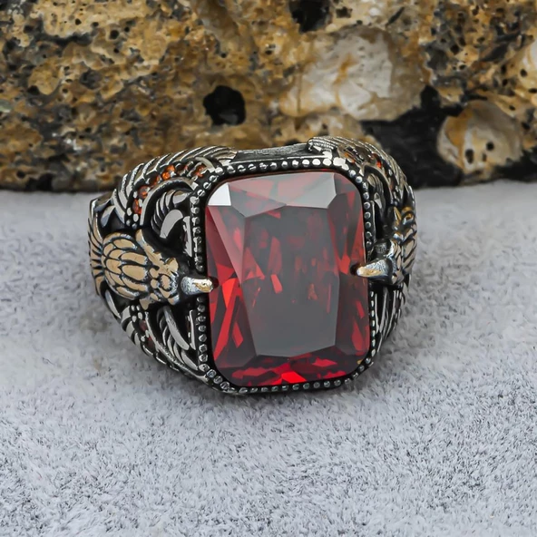 Kartal Motifli Kare Kırmızı Taşlı 925 Gümüş Erkek Yüzük - Resim 12