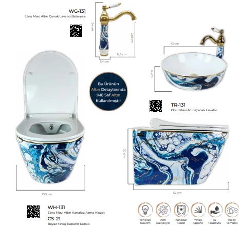 Pure Ebru Mavı  Altın Kanalsız Asma Klozet Wh-131+Soft Kapak - 2