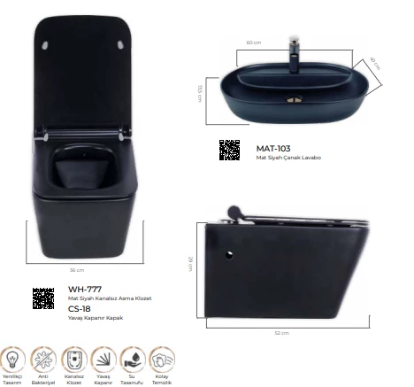 Pure Mat Sıyah Kanalsız Asma Klozet Wh-777+Soft Kapak