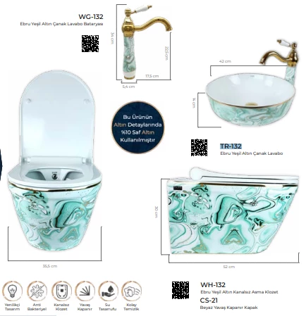 Pure Ebru Yesıl  Altın Kanalsız Asma Klozet Wh-132+Soft Kapak - 2