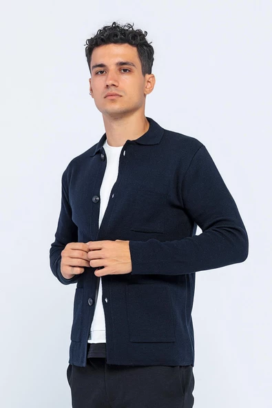 Erkek Klasik Yaka Çok Cepli Düğmeli Triko Rahat Spor Hırka - 9