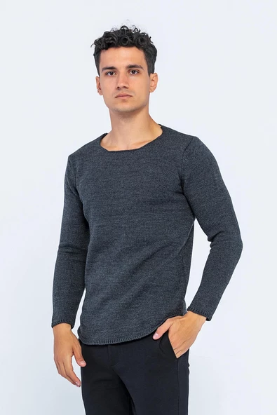 Erkek Regular Fit Düz Renk Bisiklet Yaka Kalın Triko Kazak - 8