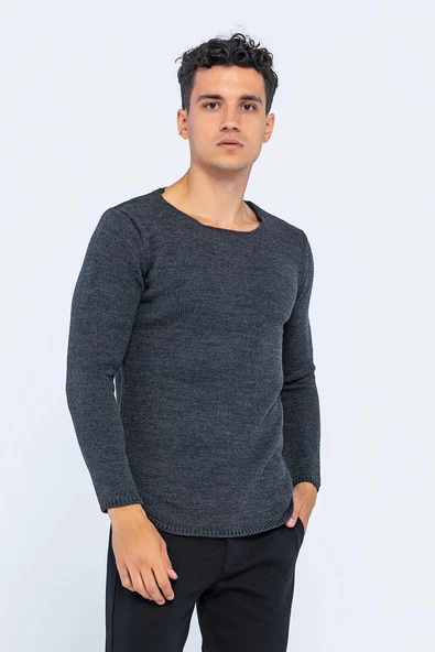 Erkek Regular Fit Düz Renk Bisiklet Yaka Kalın Triko Kazak - 9