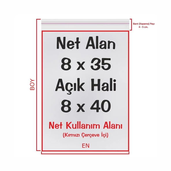 8x35+5 cm. (8x40) 100 Adet - Şeffaf Bantlı Yapışkanlı OPP Jelatin Poşet