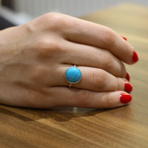 925 Ayar Gümüş Yuvarlak Firuze Taşlı Yüzük - 2