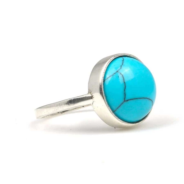 925 Ayar Gümüş Yuvarlak Firuze Taşlı Yüzük - 4