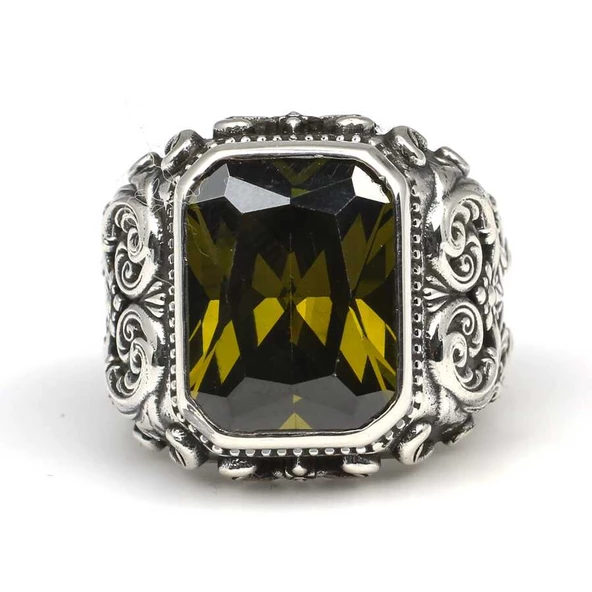 925 Ayar Gümüş Dikdörtgen Peridot Taşlı Kalemli Erkek Yüzüğü - 4